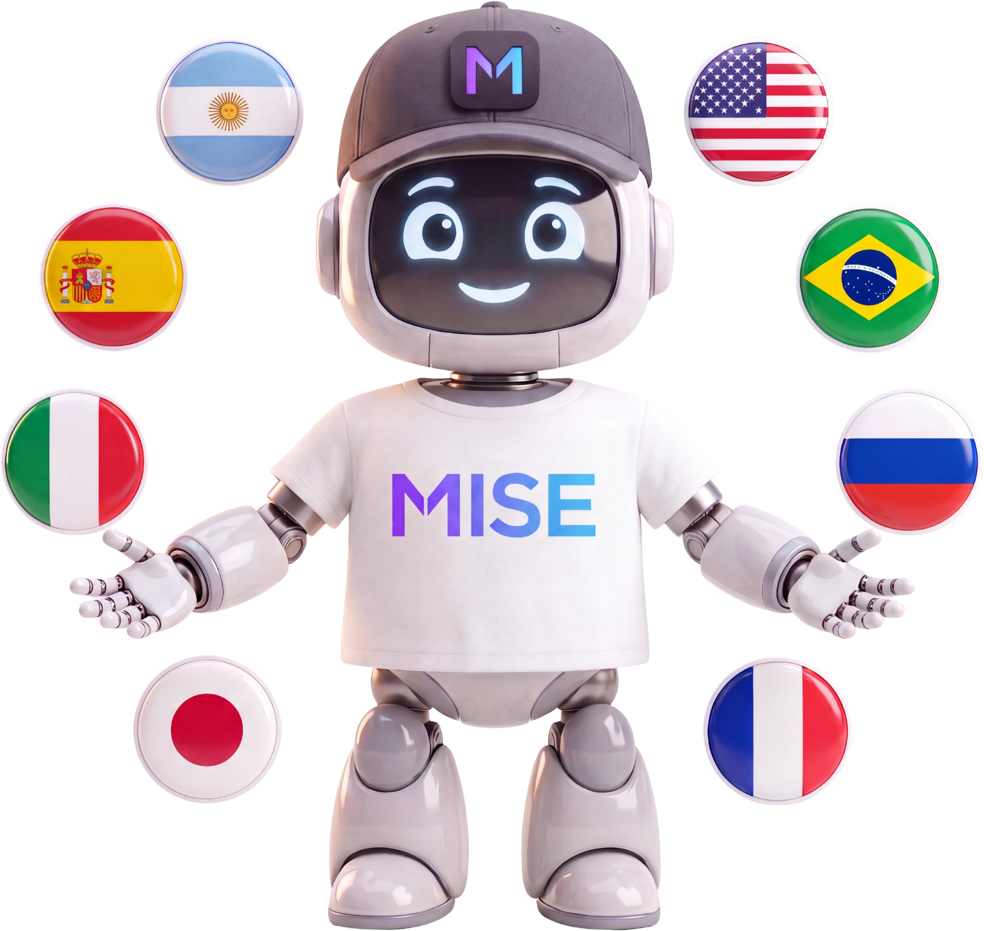 MISE, la mascota, rodeado por las banderas de los idiomas disponibles