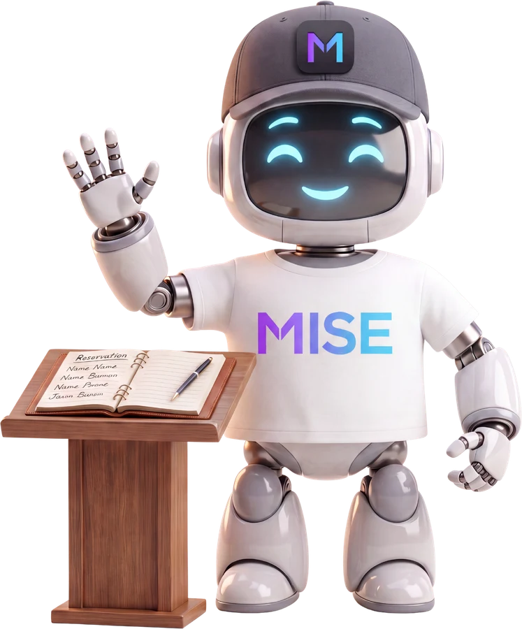 MISE, la mascota, saludando junto al libro de reservas