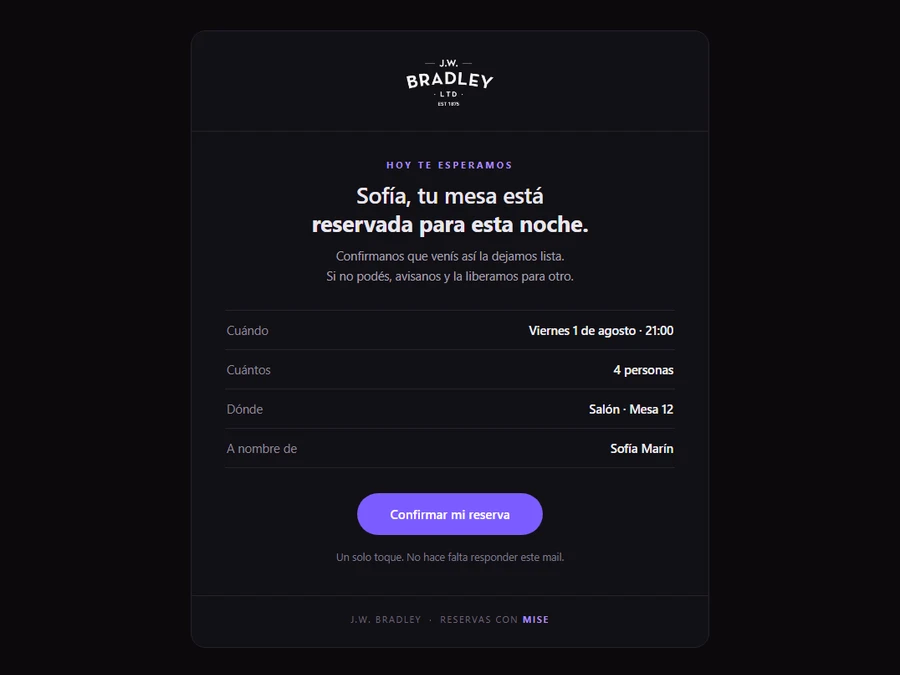 El mail del día de la reserva, con los datos del cliente