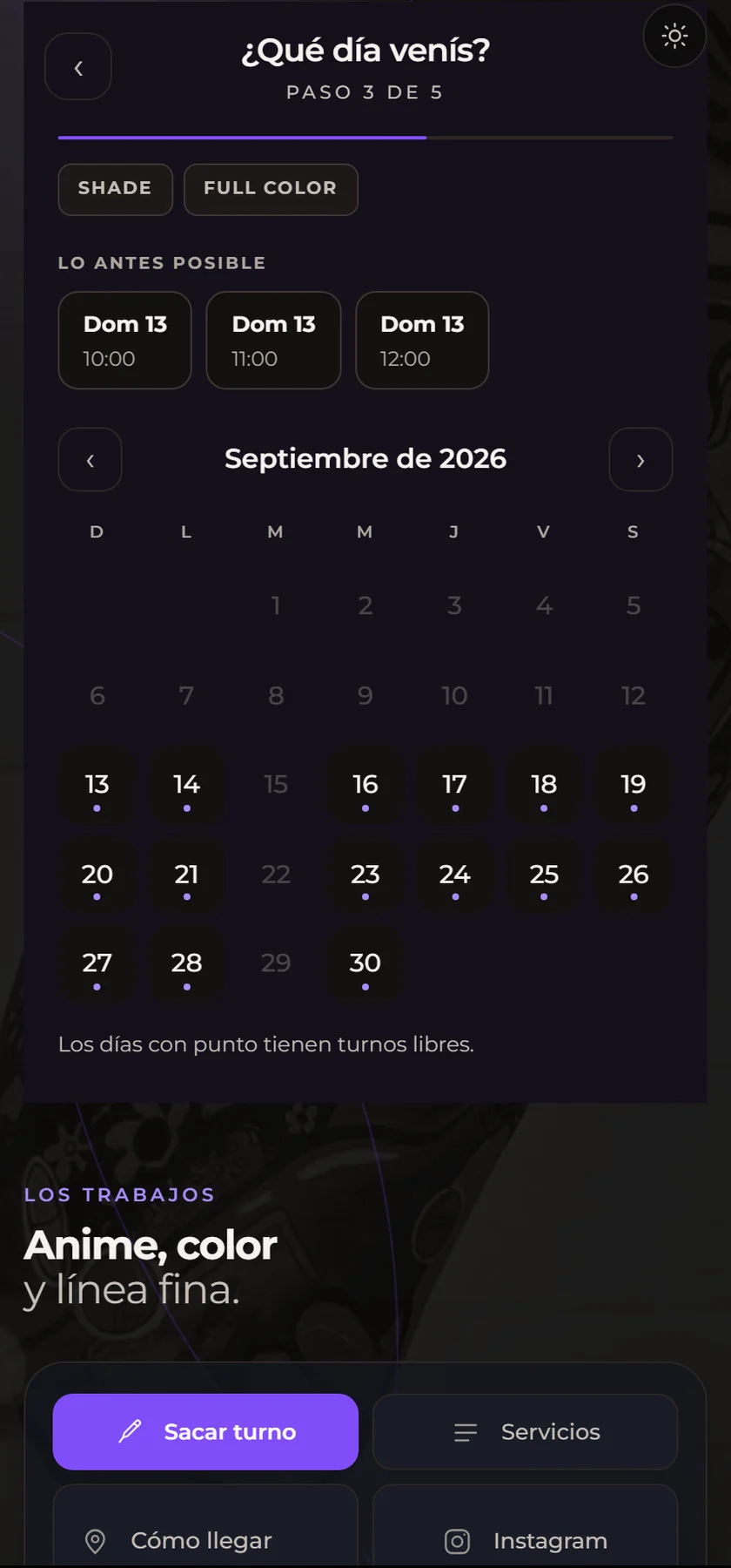 La página de turnos de UKIYO Tattoo Studio: el calendario, con los días que tienen turnos libres