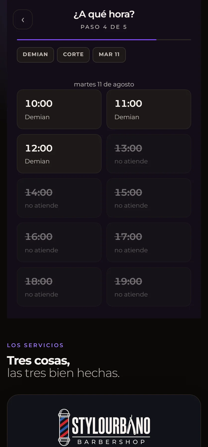 La página de turnos en el teléfono: las horas libres del día